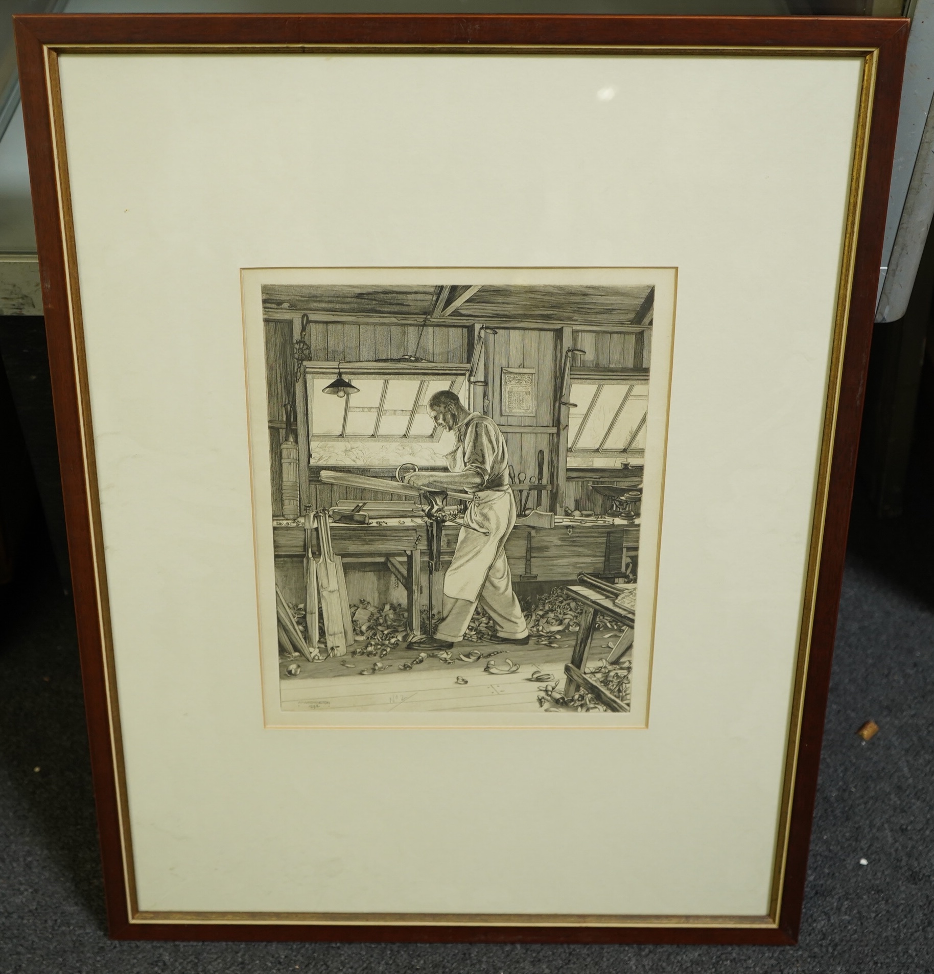 William Washington (English, 1885-1956), The Cricket Bat Maker, drypoint etching, 27.5 x 21.5cm